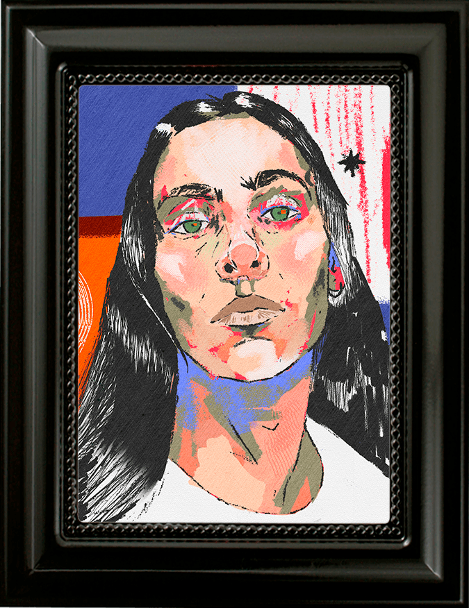 Framed illustrated self-portrait of Ian Francisco Roland